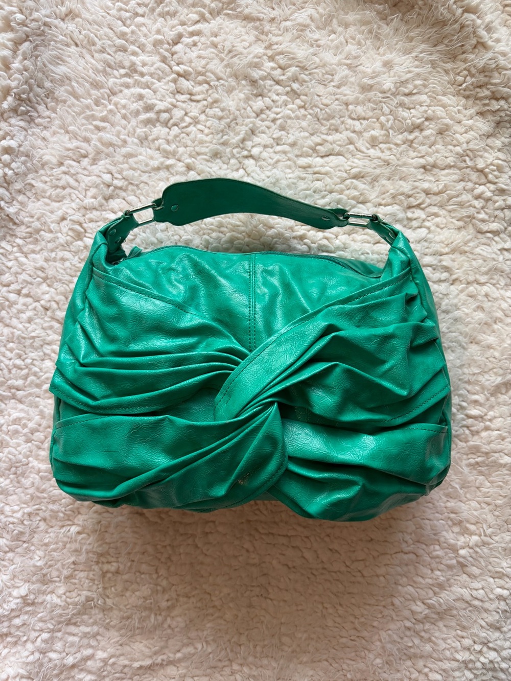 Chinese Laundry Kelly Green Vegan Leather Ruched Twist Shoulder Hobo Bag